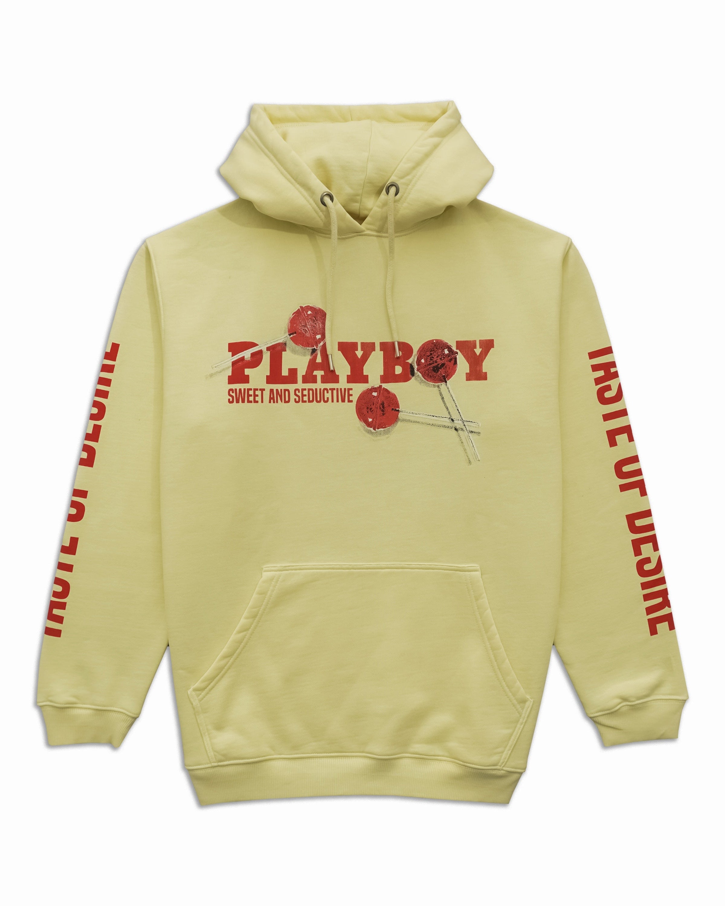 A pale yellow pullover hoodie with a red 'PLAYBOY' chest graphic, red cherry illustrations, and red vertical text down both sleeves, shown on a plain white background.