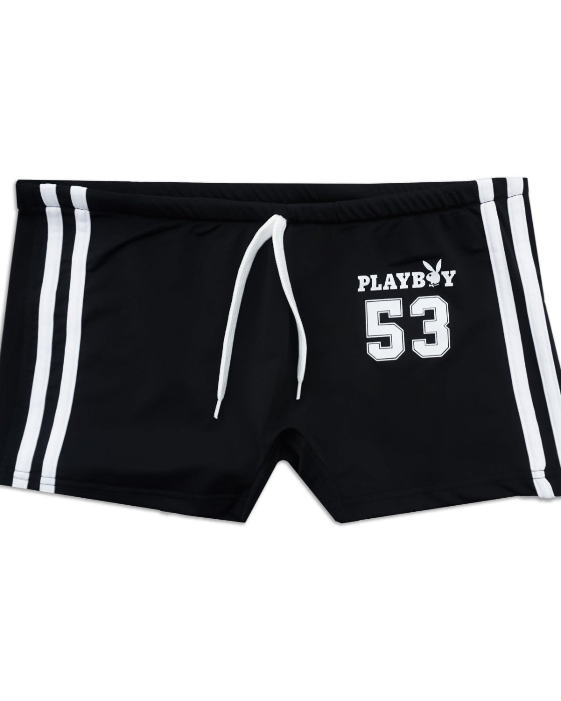 Black athletic shorts with white double side stripes, a white drawstring, and a white 'PLAYBOY 53' logo on the left leg, shown against a plain white background.