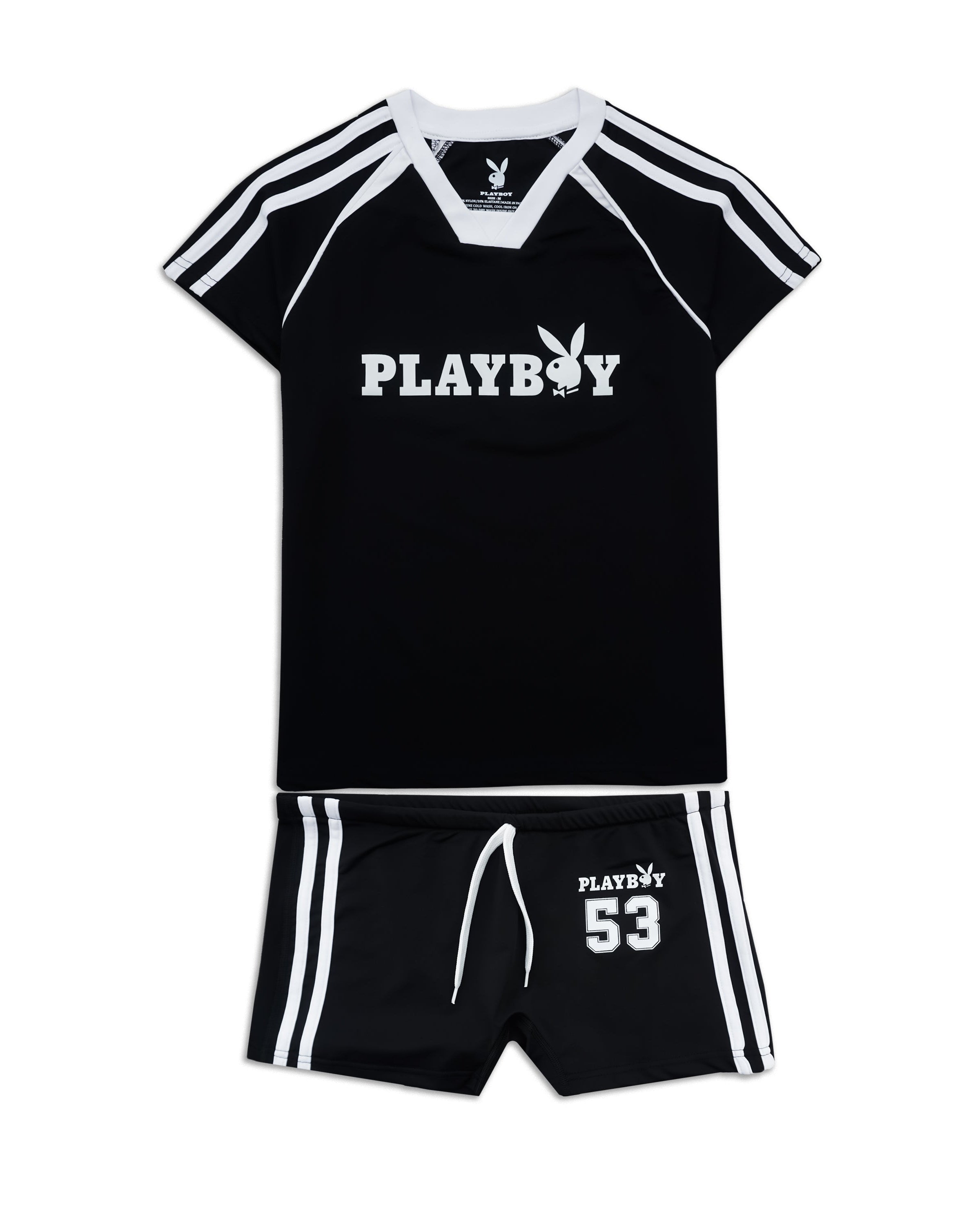 A black two-piece athletic set featuring a short-sleeve V-neck jersey and matching shorts. The jersey has white shoulder stripes, a white v-neck trim, and a white 'PLAYBOY' logo with the bunny emblem across the chest.