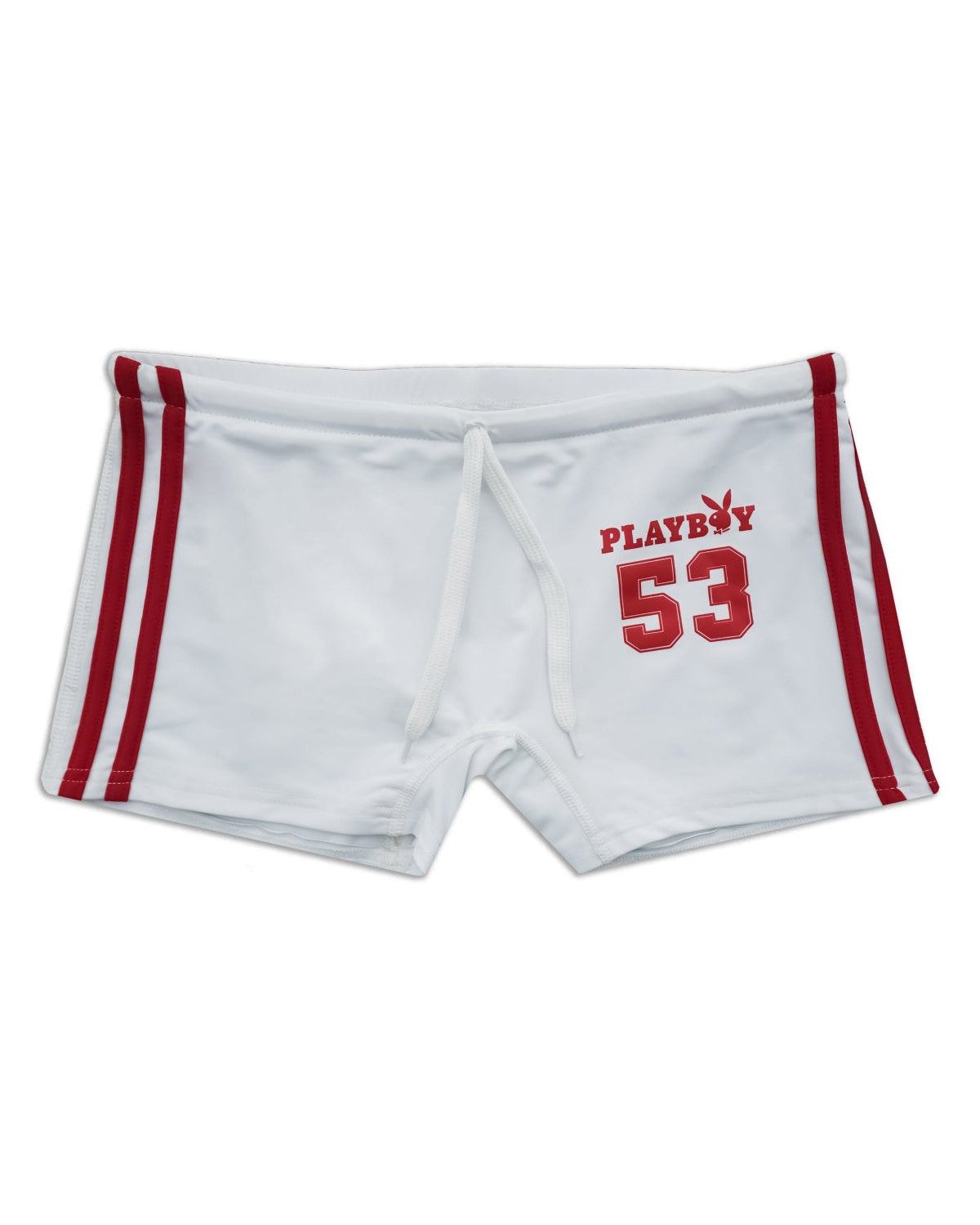 White athletic-style shorts with red side stripes and red 'PLAYBOY 53' text on the front, shown on a plain white background.