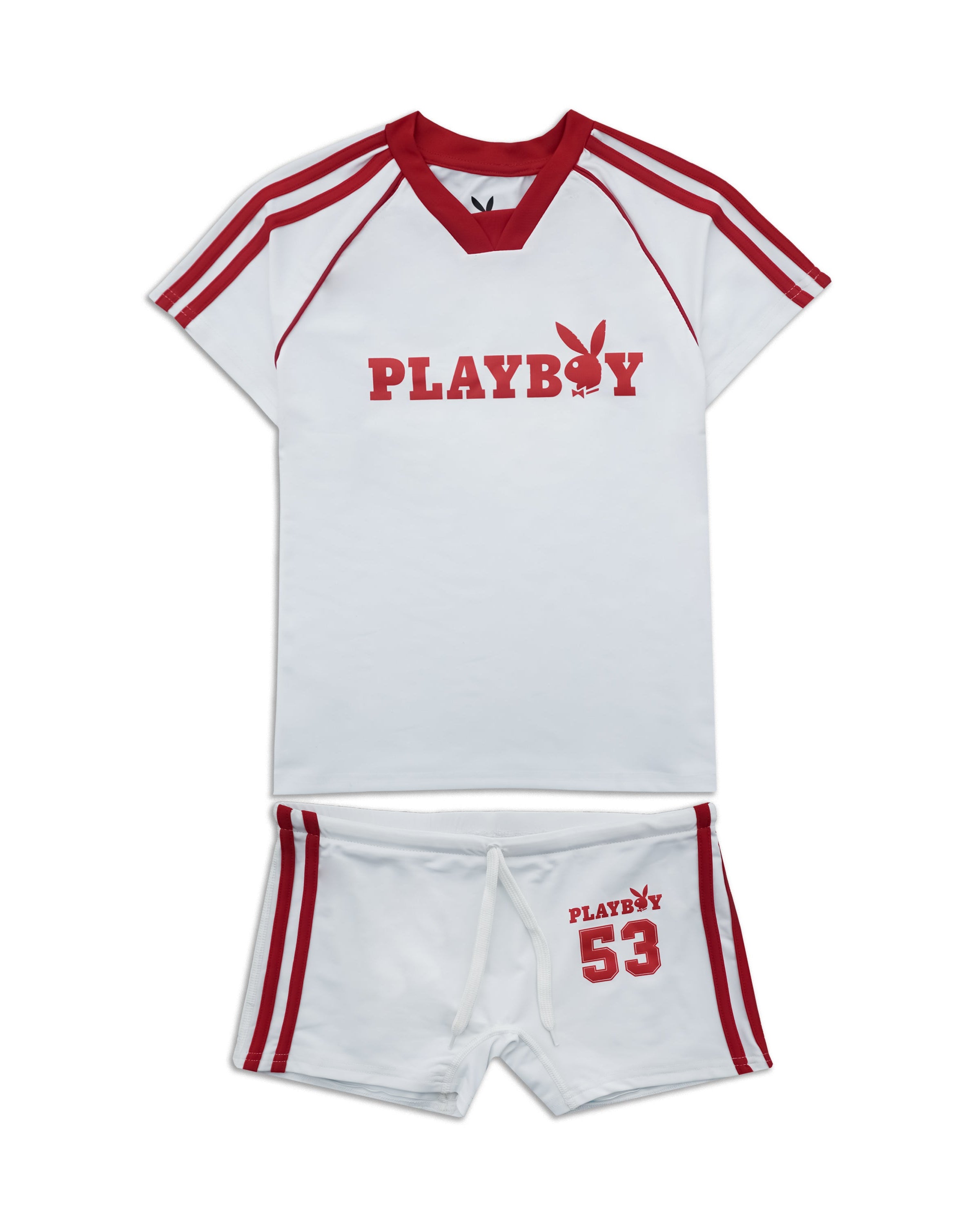 A white two-piece athletic set featuring a short-sleeve V-neck jersey and matching shorts. The jersey has red shoulder stripes, a red 'PLAYBOY' logo across the chest, and a red bunny logo.