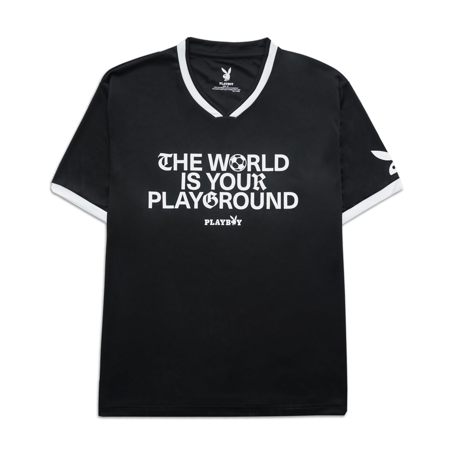 Black t-shirt with white text 'The World is Your Playground' on a white background