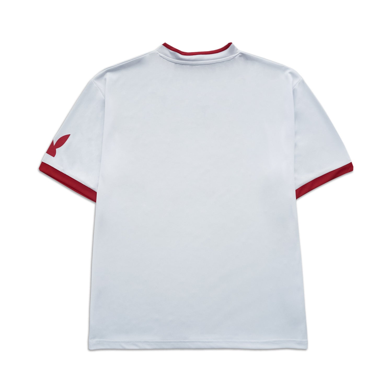 White sports jersey with red accents on a white background