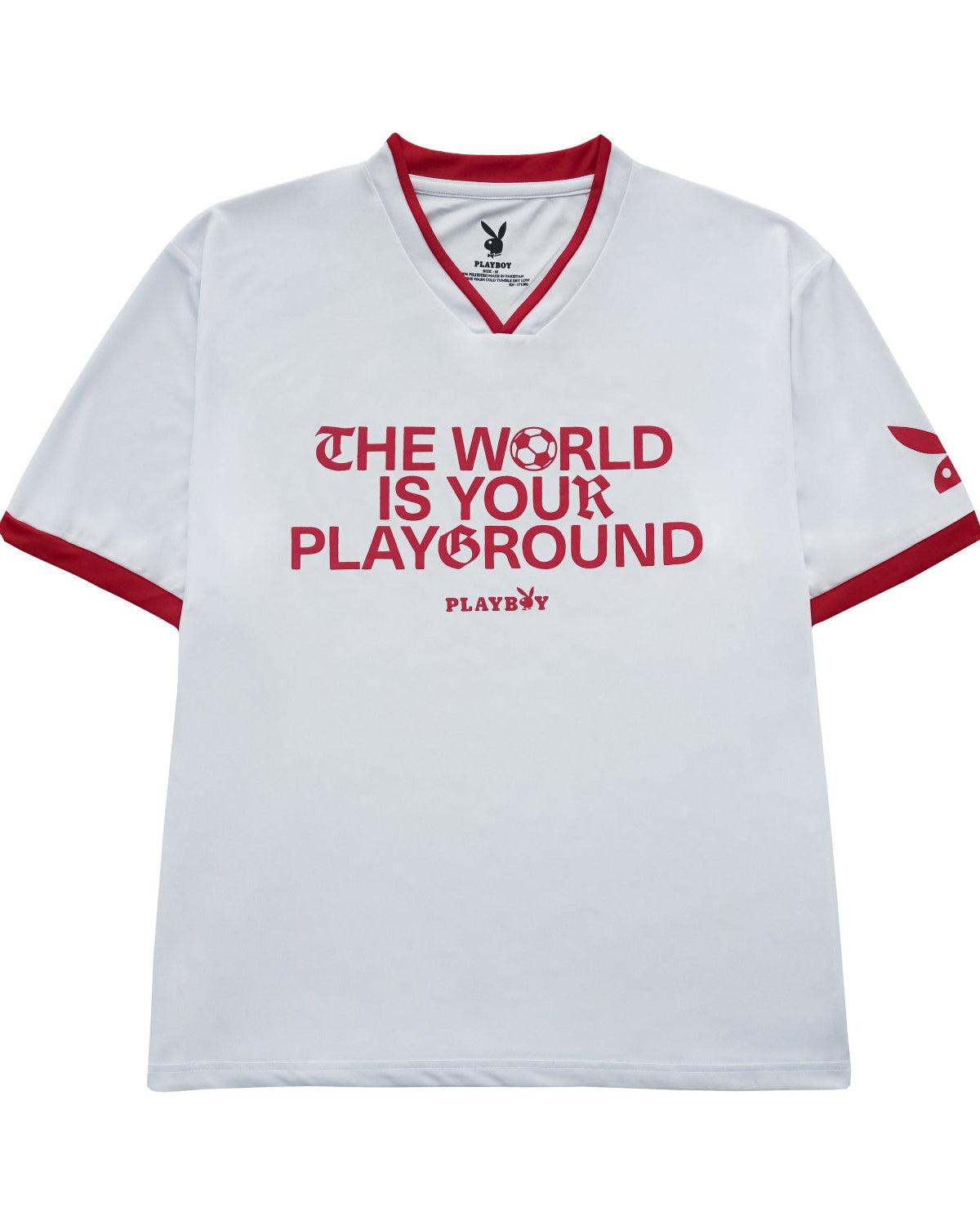 White t-shirt with red text and trim on a white background