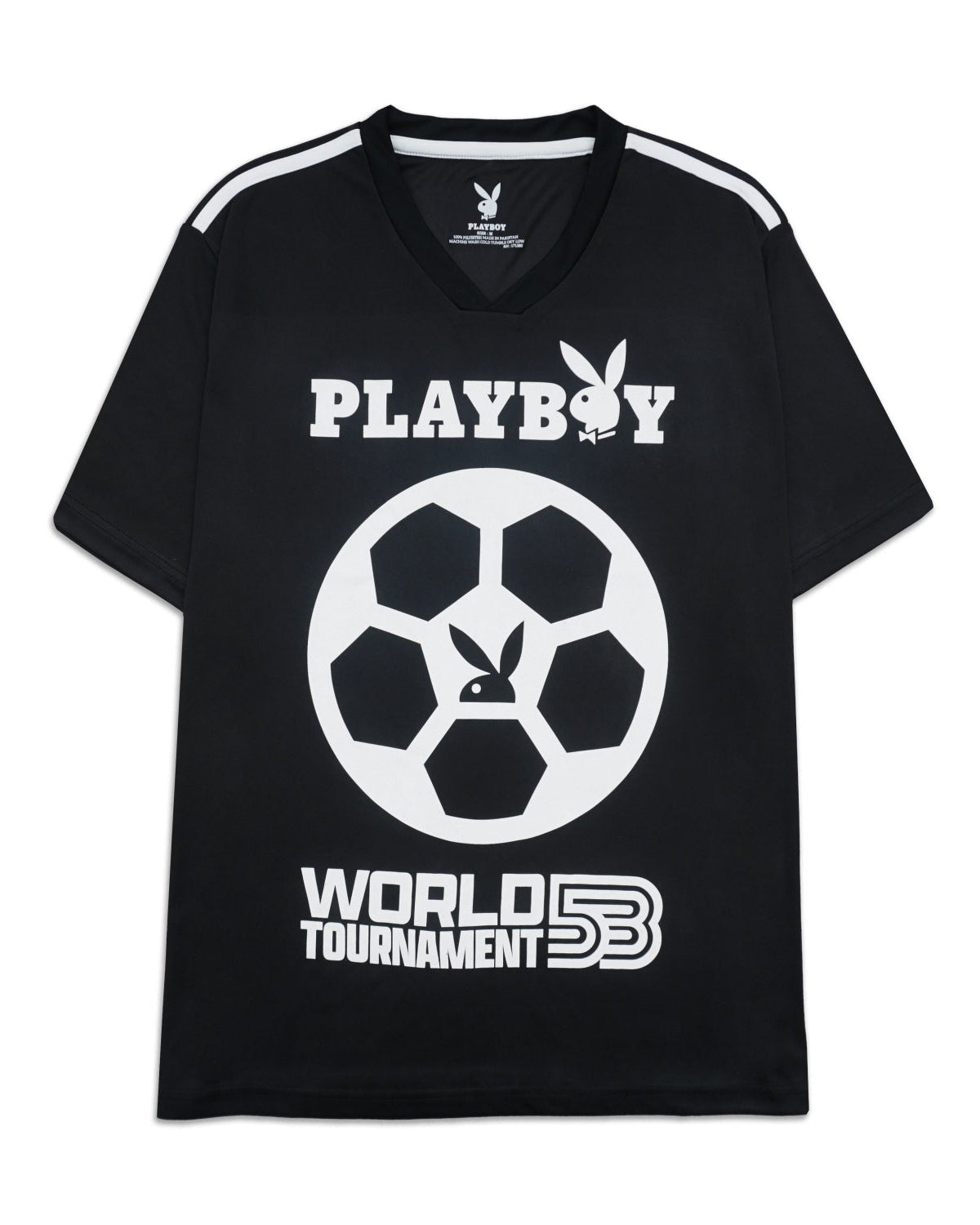 Black t-shirt with Playboy logo and soccer ball design on a white background