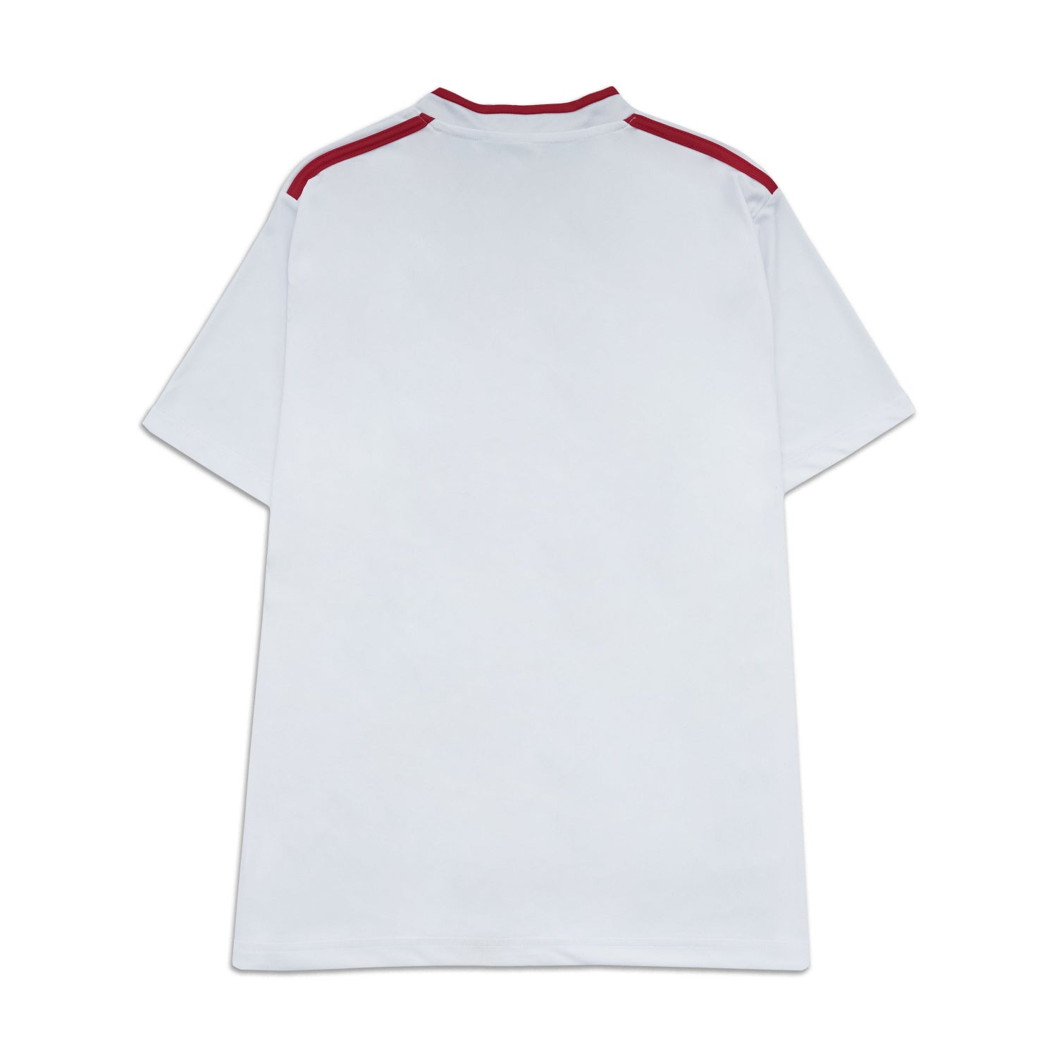 White t-shirt with red accents on a white background