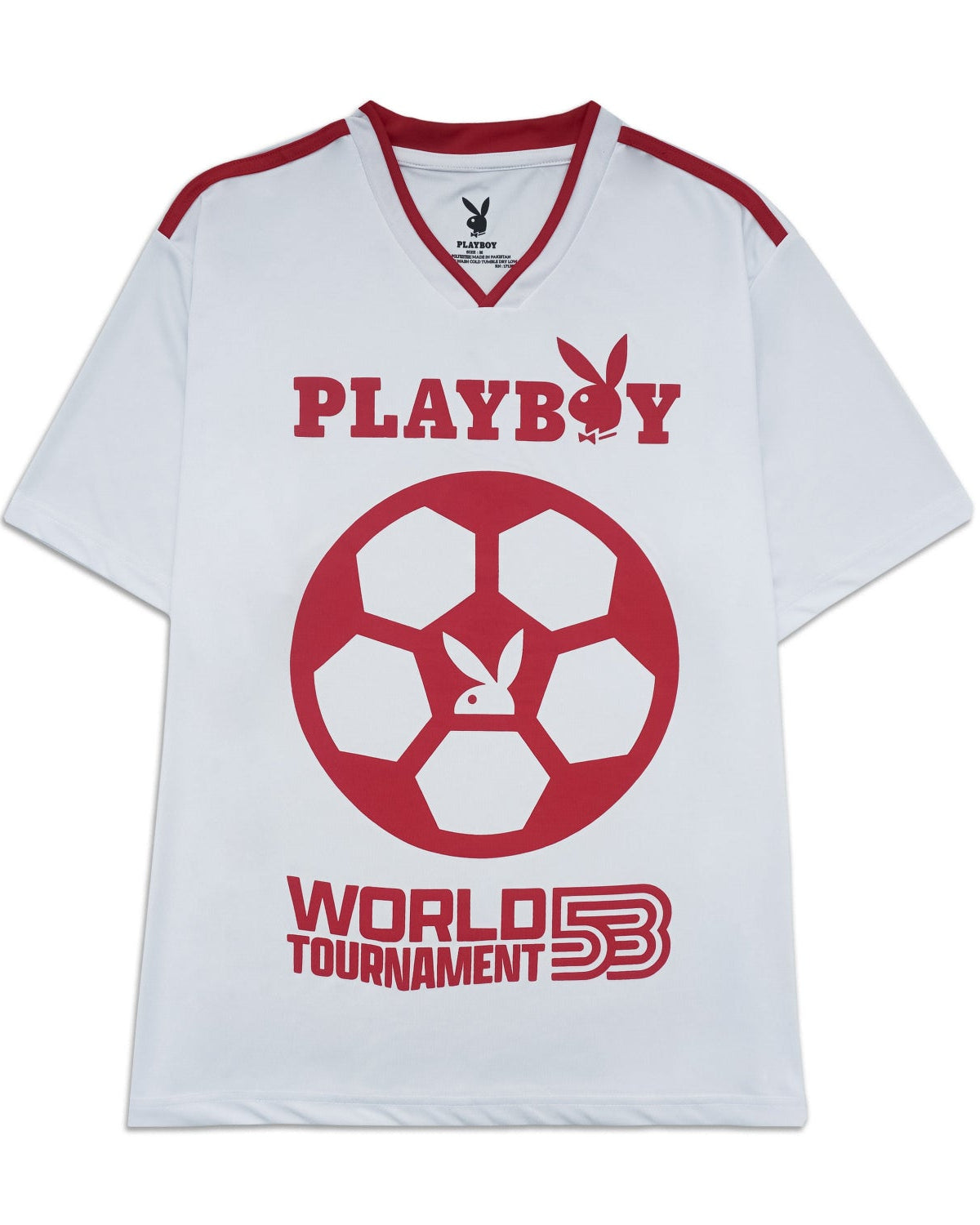 White t-shirt with red Playboy logo and text on a white background
