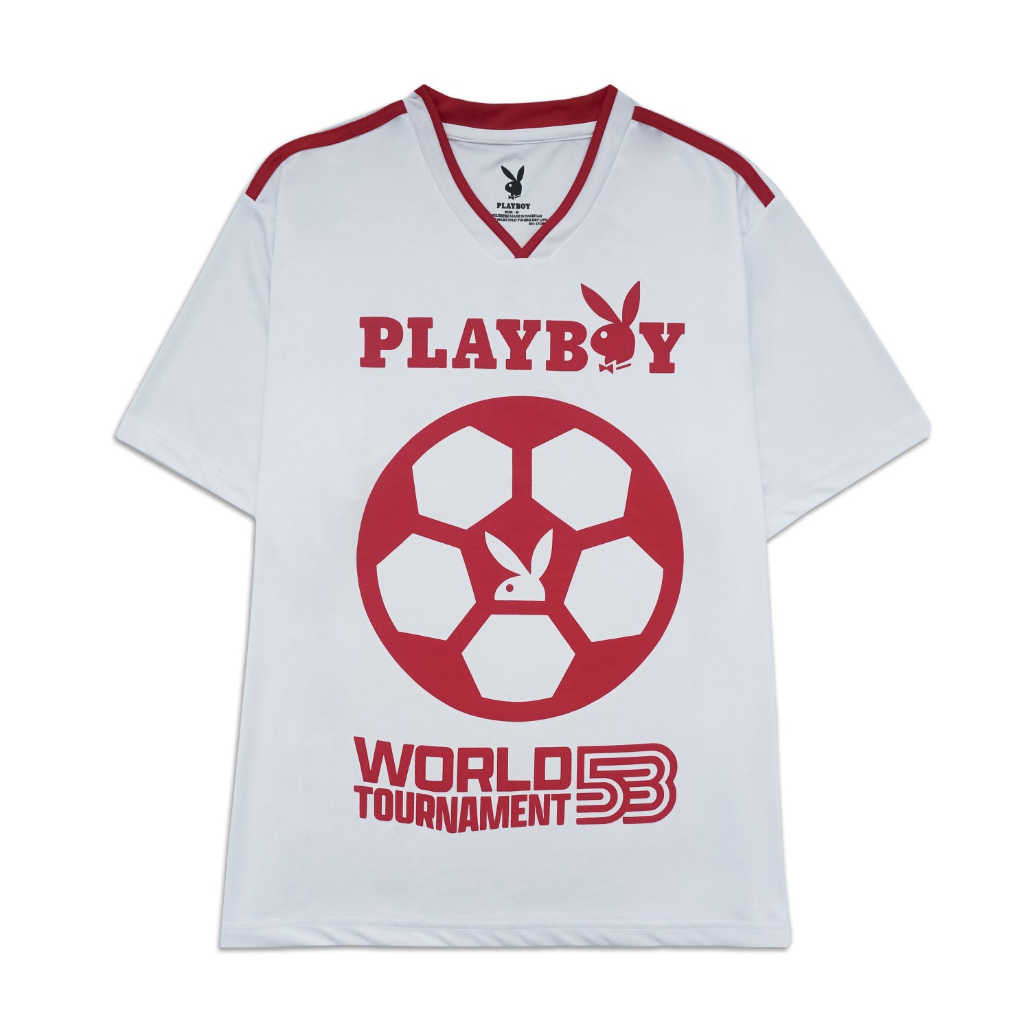 White t-shirt with red Playboy logo and text on a white background