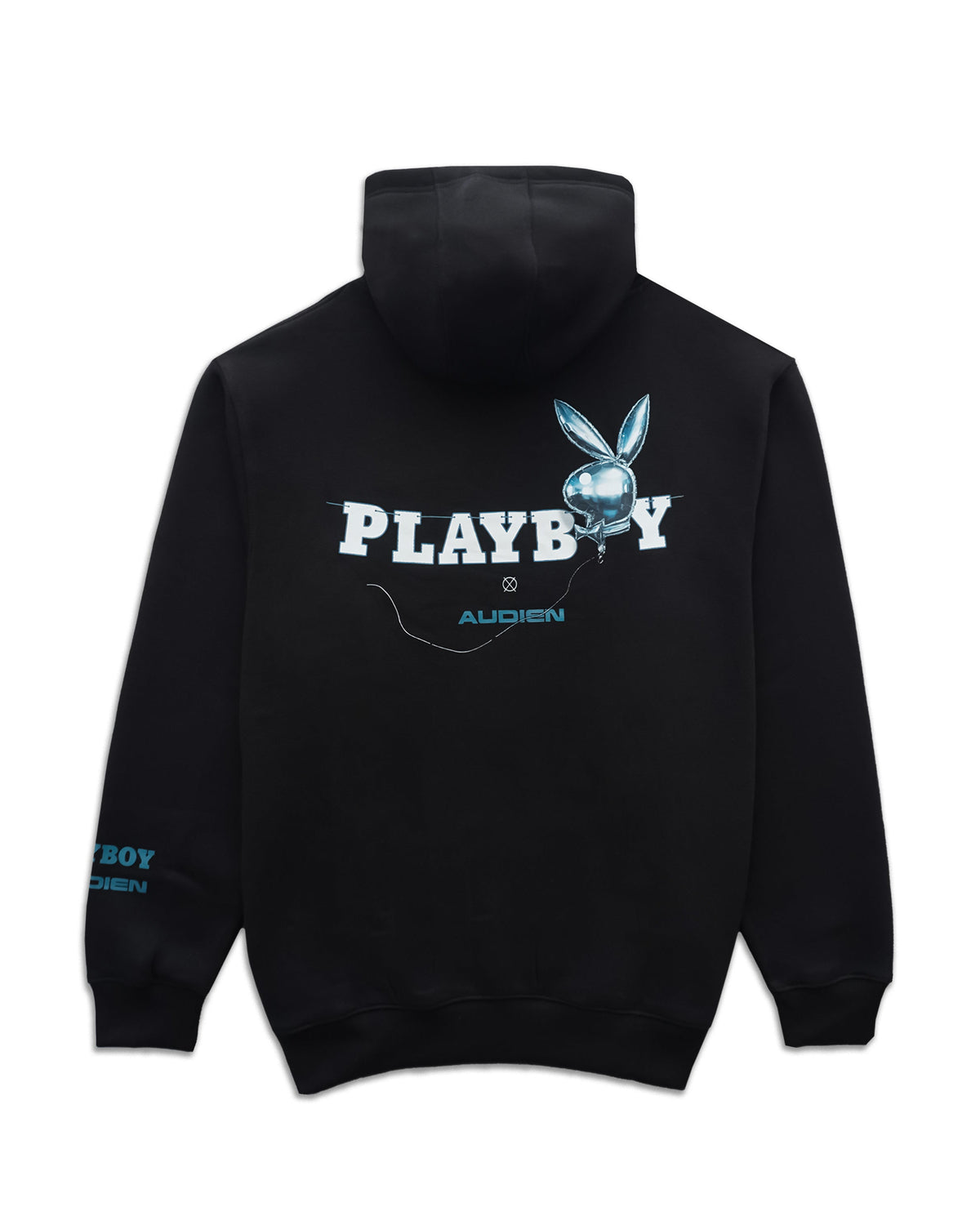 Black hoodie shown from the back, featuring a large white and blue 'PLAYBOY' graphic with the bunny logo and 'ALCIEN' text on the back, plus smaller blue text on the sleeve.