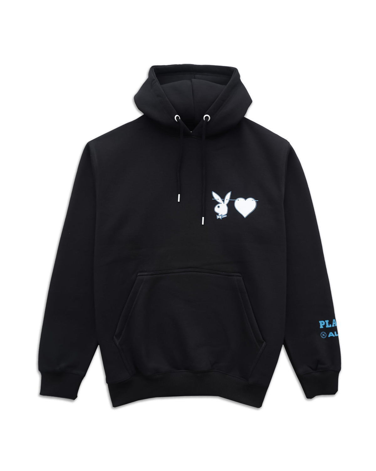 A black pullover hoodie featuring a white Playboy bunny and heart graphic on the left chest, with a small light blue Playboy logo on the right sleeve, displayed against a solid white background.