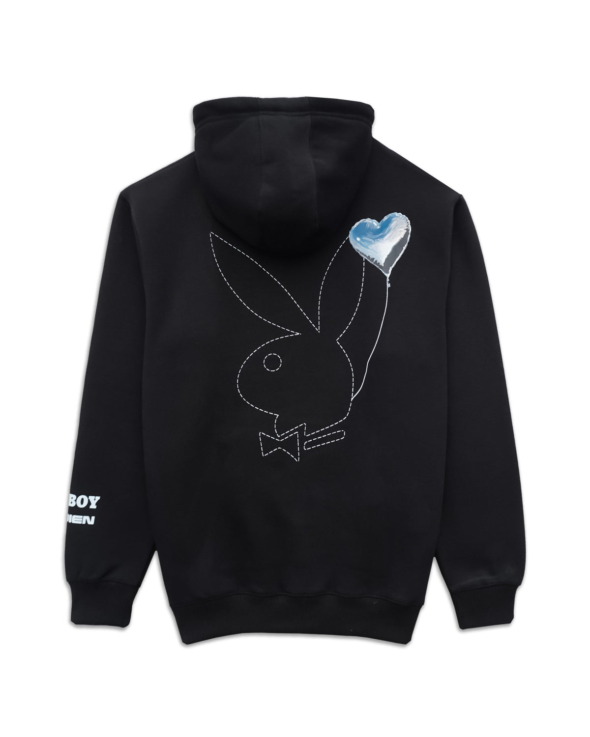 A black pullover hoodie shown from the back, featuring a white outline of the Playboy bunny holding a blue and white heart-shaped balloon. The brand name 'BOY MENU' is printed in white on the left sleeve.