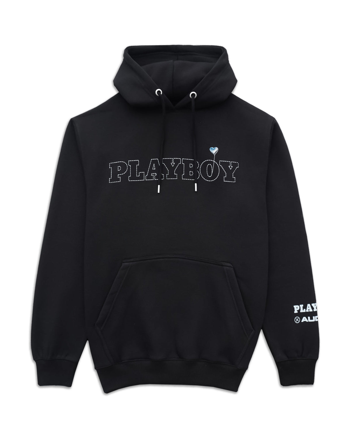 A black pullover hoodie featuring a white outlined PLAYBOY logo across the chest, a small light blue heart detail to the right of the text, and a white PLAYBOY logo printed on the left sleeve cuff. The hoodie is displayed flat against a solid white background.