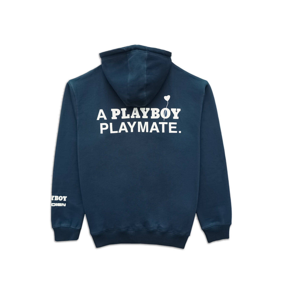 A navy blue hoodie shown from the back, featuring the text 'A PLAYBOY PLAYMATE.' printed in white across the upper back with a small heart graphic above the text.