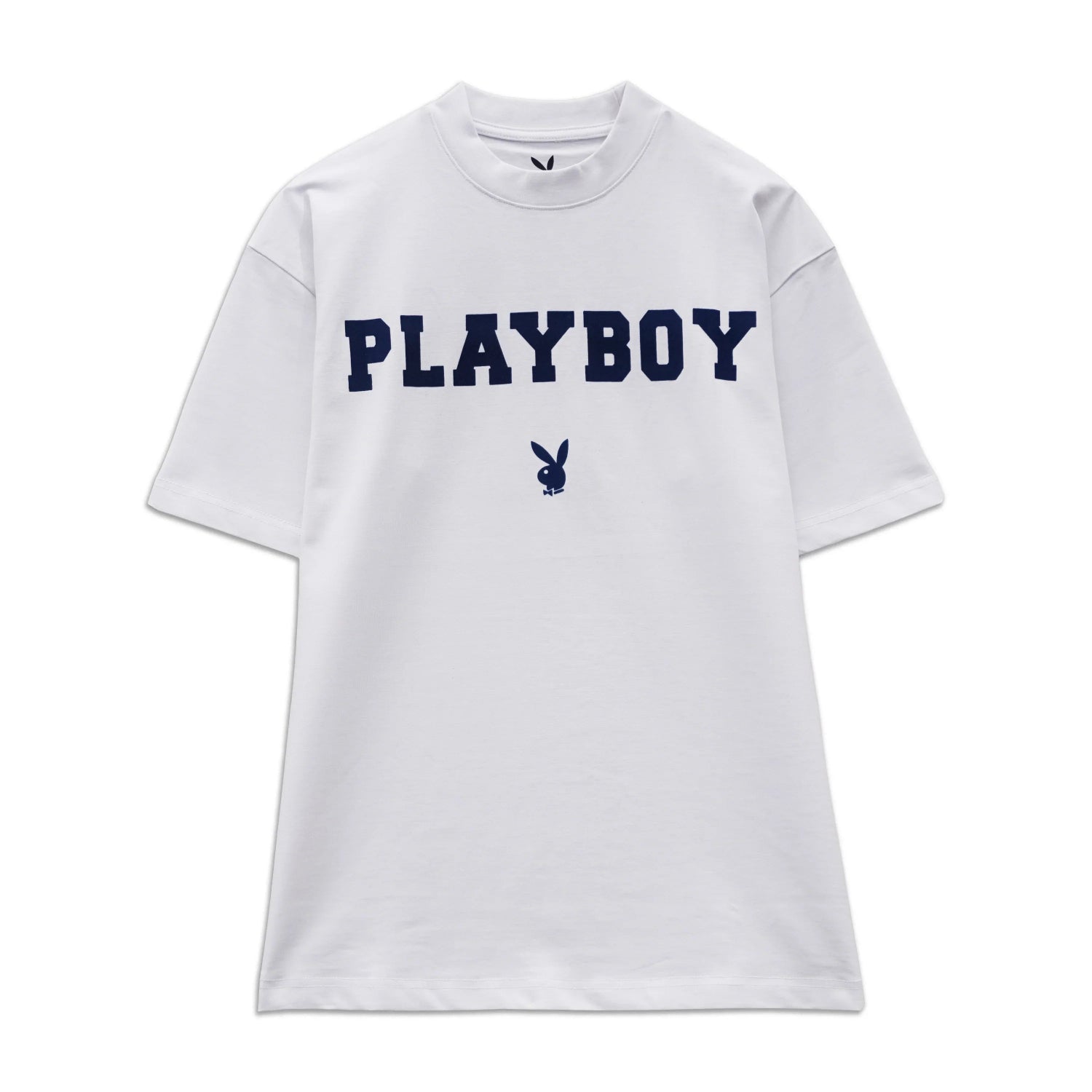 White short sleeve t-shirt with bold PLAYBOY text and bunny logo in navy blue on the front.