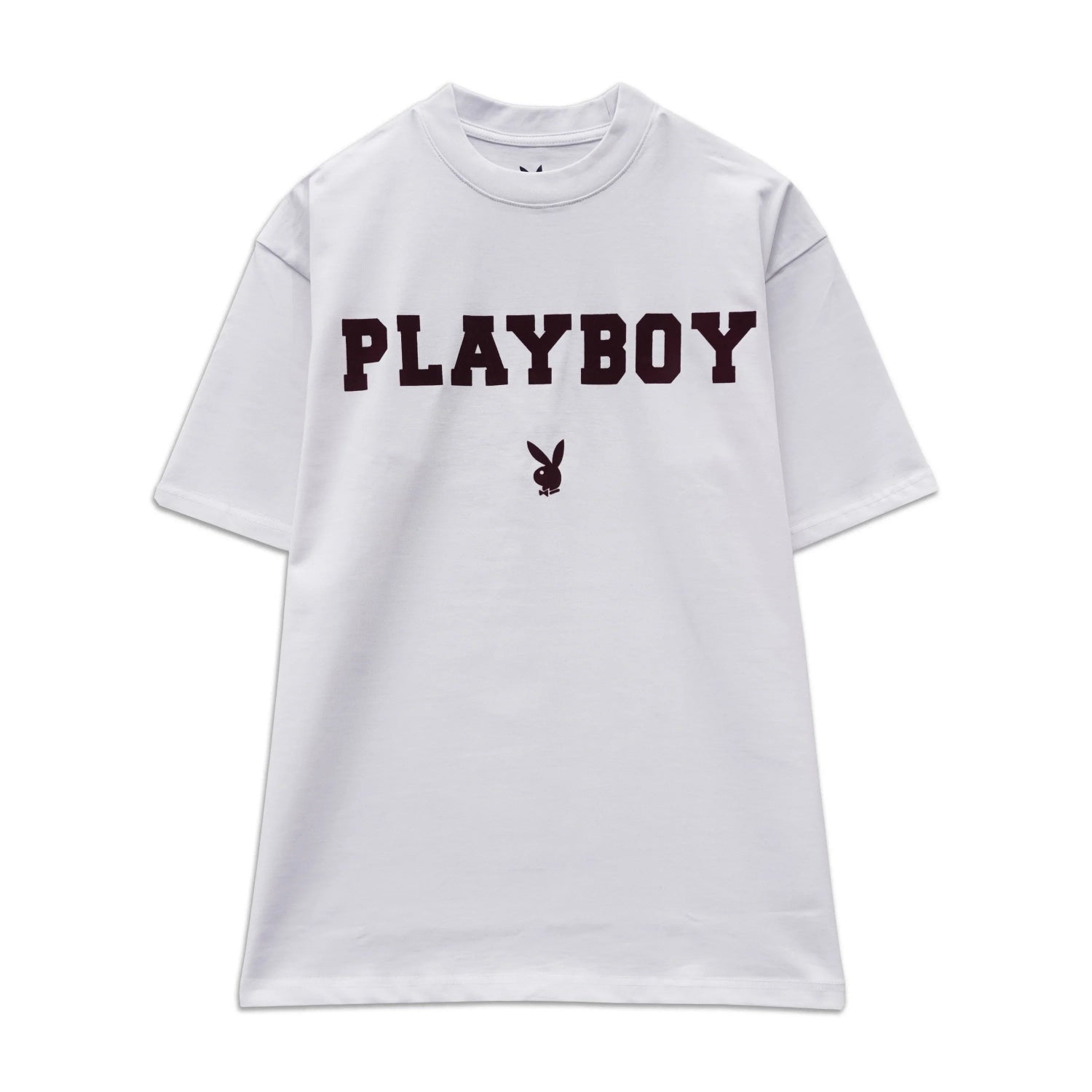 White unisex t-shirt with bold PLAYBOY text and rabbit logo in burgundy on the chest