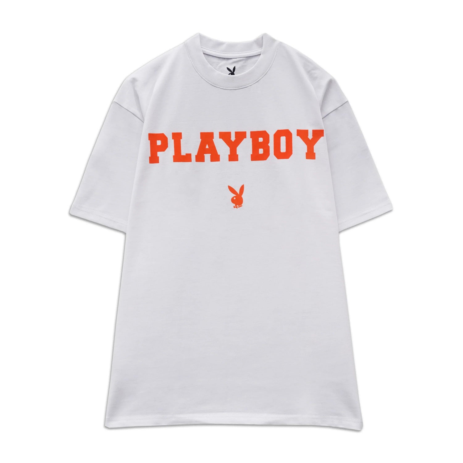 White unisex t-shirt with bold orange PLAYBOY text and bunny logo on front