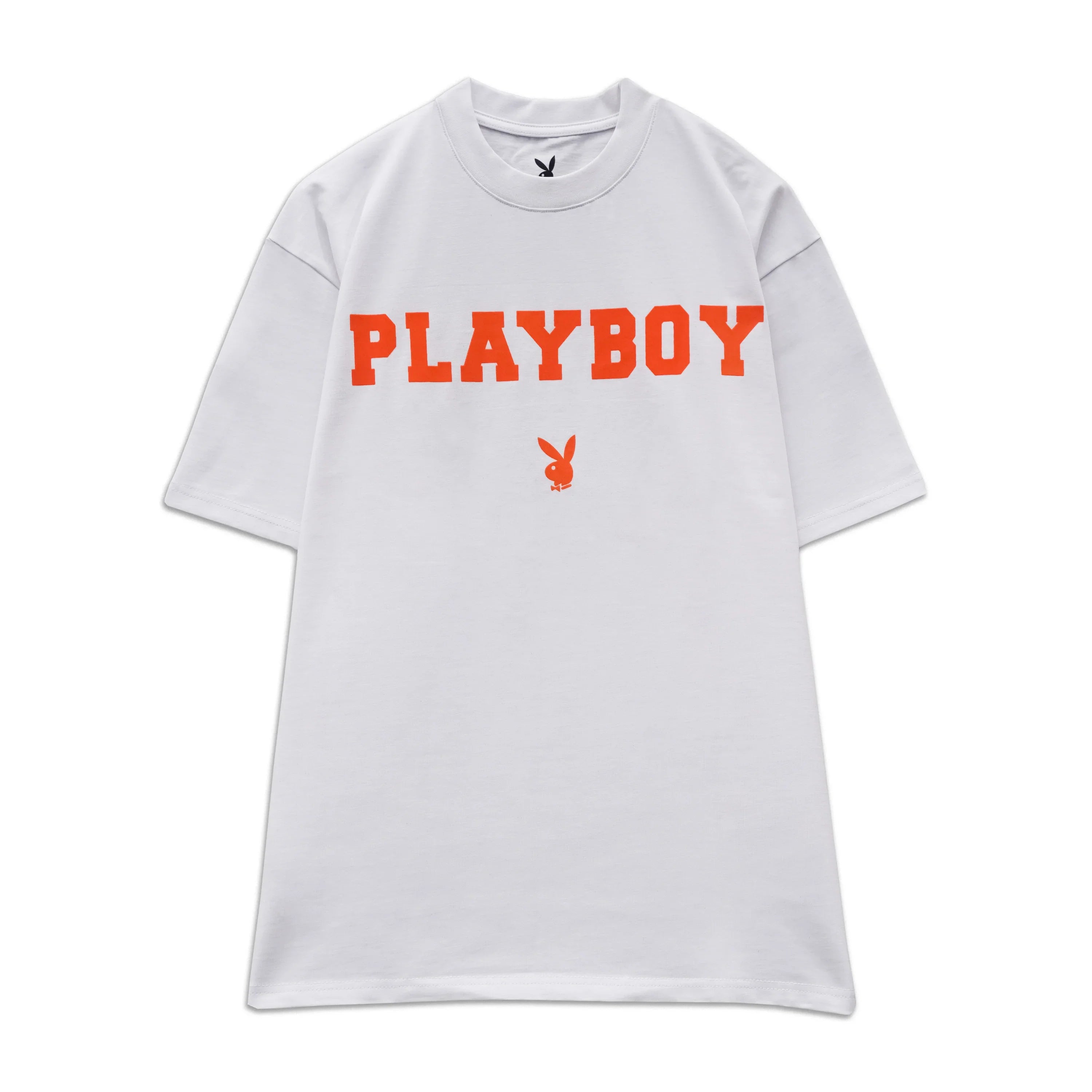 White t-shirt with 'PLAYBOY' ORANGE text and logo on a white background