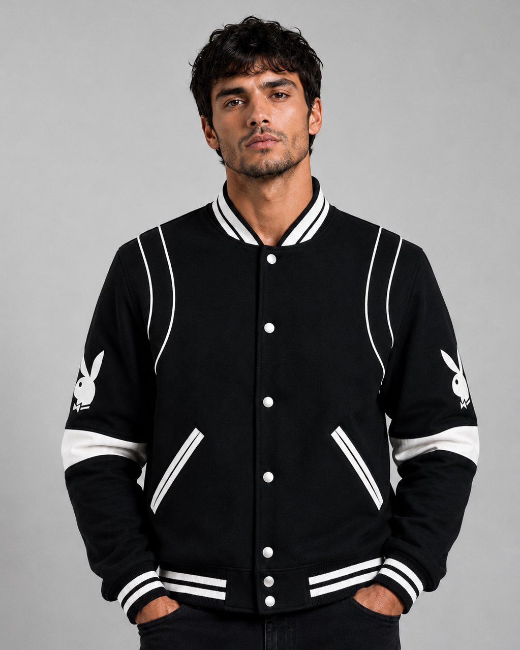 A man wearing a black varsity-style jacket with white stripes and white Playboy bunny logos on the sleeves, posed against a solid gray studio background.