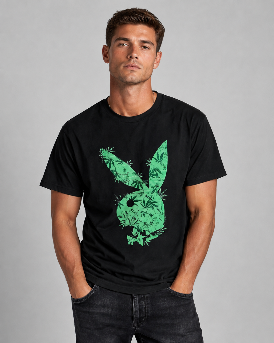 A man wearing a black short-sleeve t-shirt with a green Playboy bunny graphic filled with leaf patterns, paired with dark jeans, against a solid gray studio background.