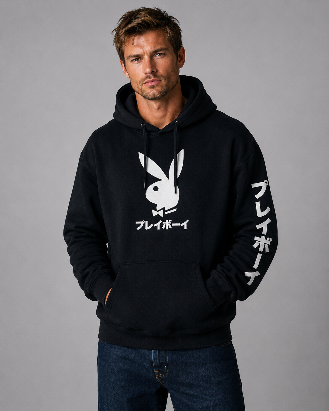 A man wearing a black pullover hoodie with a white Playboy bunny logo and Japanese text on the front, plus white Japanese text down one sleeve, paired with blue jeans against a plain gray studio background.