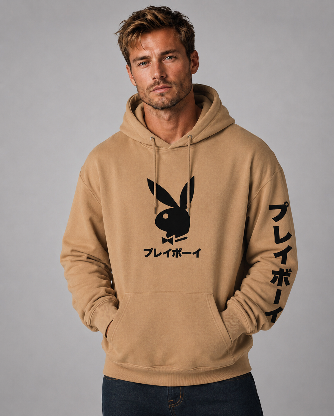 A man wearing a tan hoodie with a black Playboy bunny logo and Japanese text on the front, plus Japanese text down one sleeve, against a plain gray studio background.