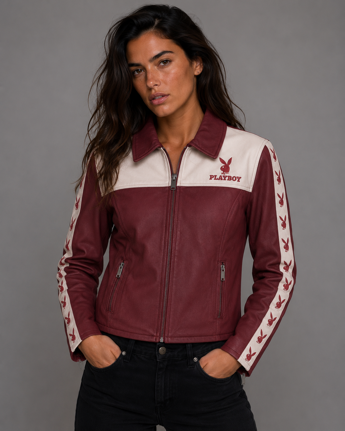 A woman modeling a maroon and cream faux leather jacket with Playboy branding, including the logo on the chest and repeated bunny motifs down the sleeves, set against a plain gray studio background. #Women