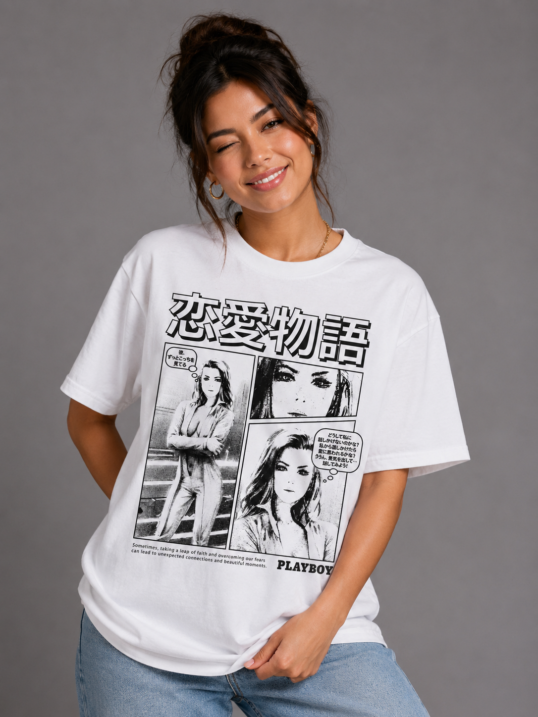 A woman wearing a white oversized graphic t-shirt with a black and white manga-style print featuring the Playboy logo and Japanese text, paired with light blue jeans, against a solid gray studio background. #Women