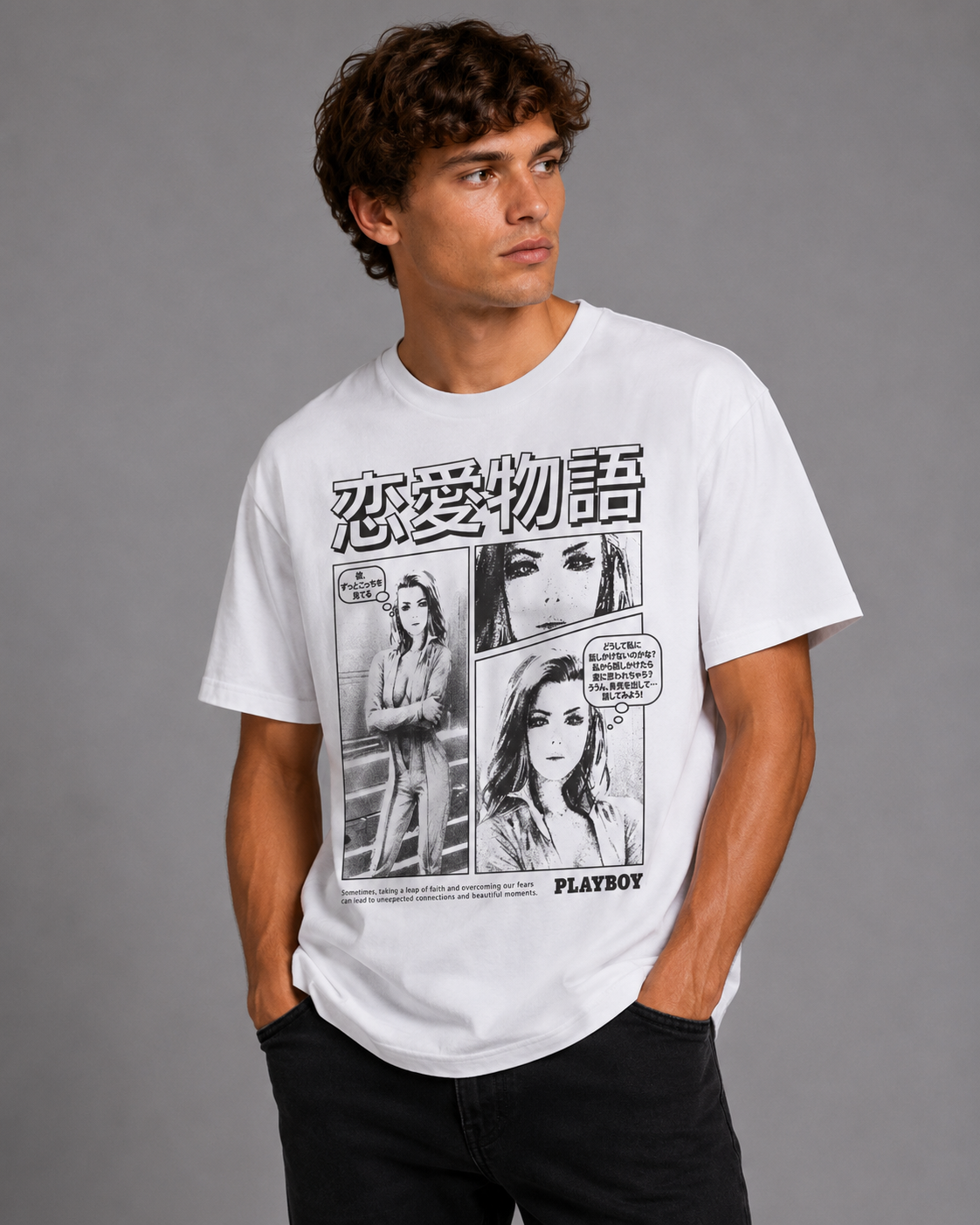 A man wearing a white short-sleeve graphic t-shirt with a black and white manga-style print featuring the text '愛制西' and 'PLAYBOY' at the bottom, paired with black pants, against a solid gray studio background.