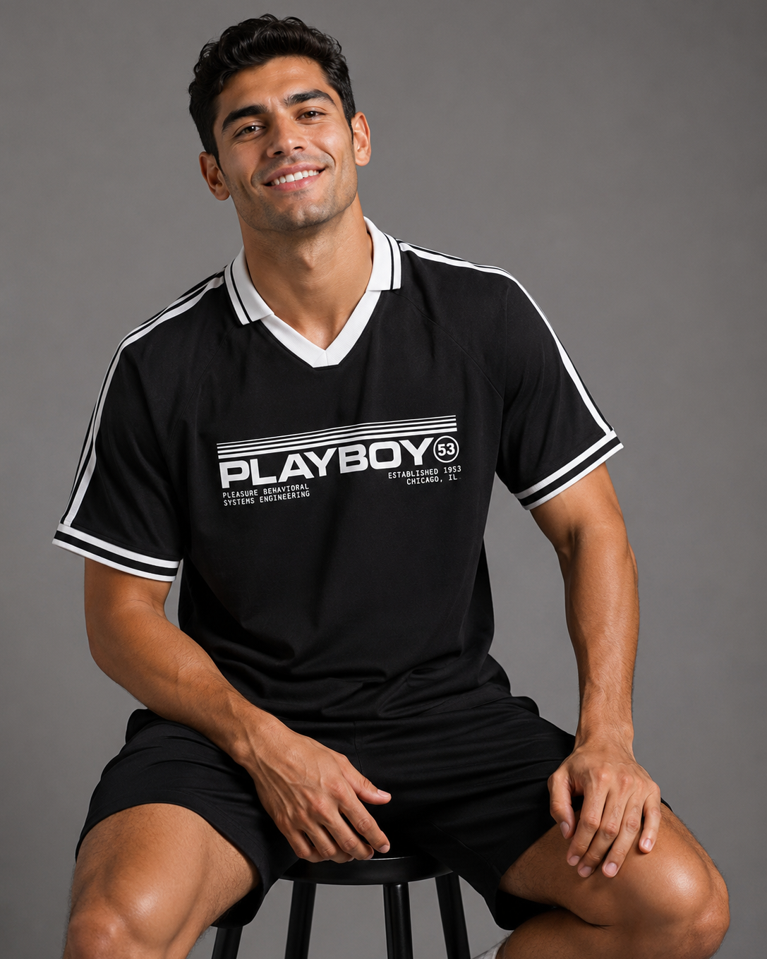 A man sitting on a stool wearing a black short-sleeve Playboy t-shirt with white trim and a white Playboy logo on the chest, paired with black shorts, against a solid gray studio background.