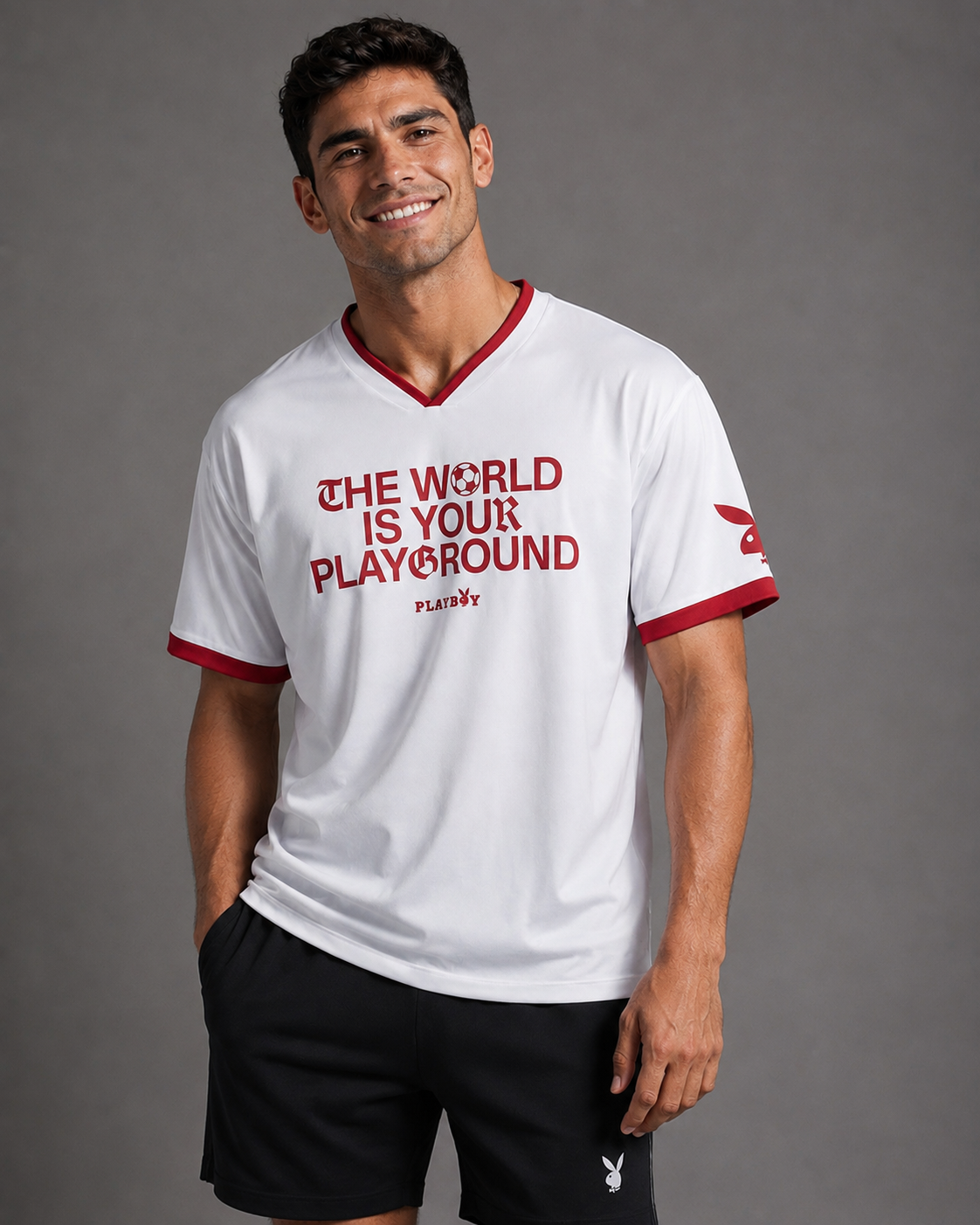 A man wearing a white v-neck t-shirt with red trim and red text that reads 'THE WORLD IS YOUR PLAYGROUND' with 'playboy' underneath, paired with black shorts, against a solid gray studio background.