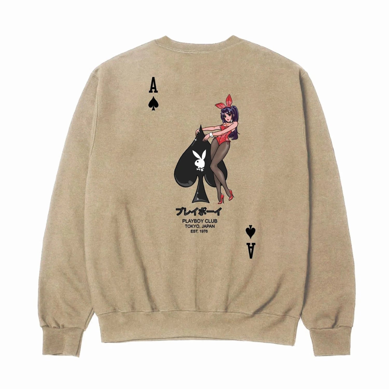 Beige sweatshirt with graphic design on the back featuring a cartoon character and playing card symbols.