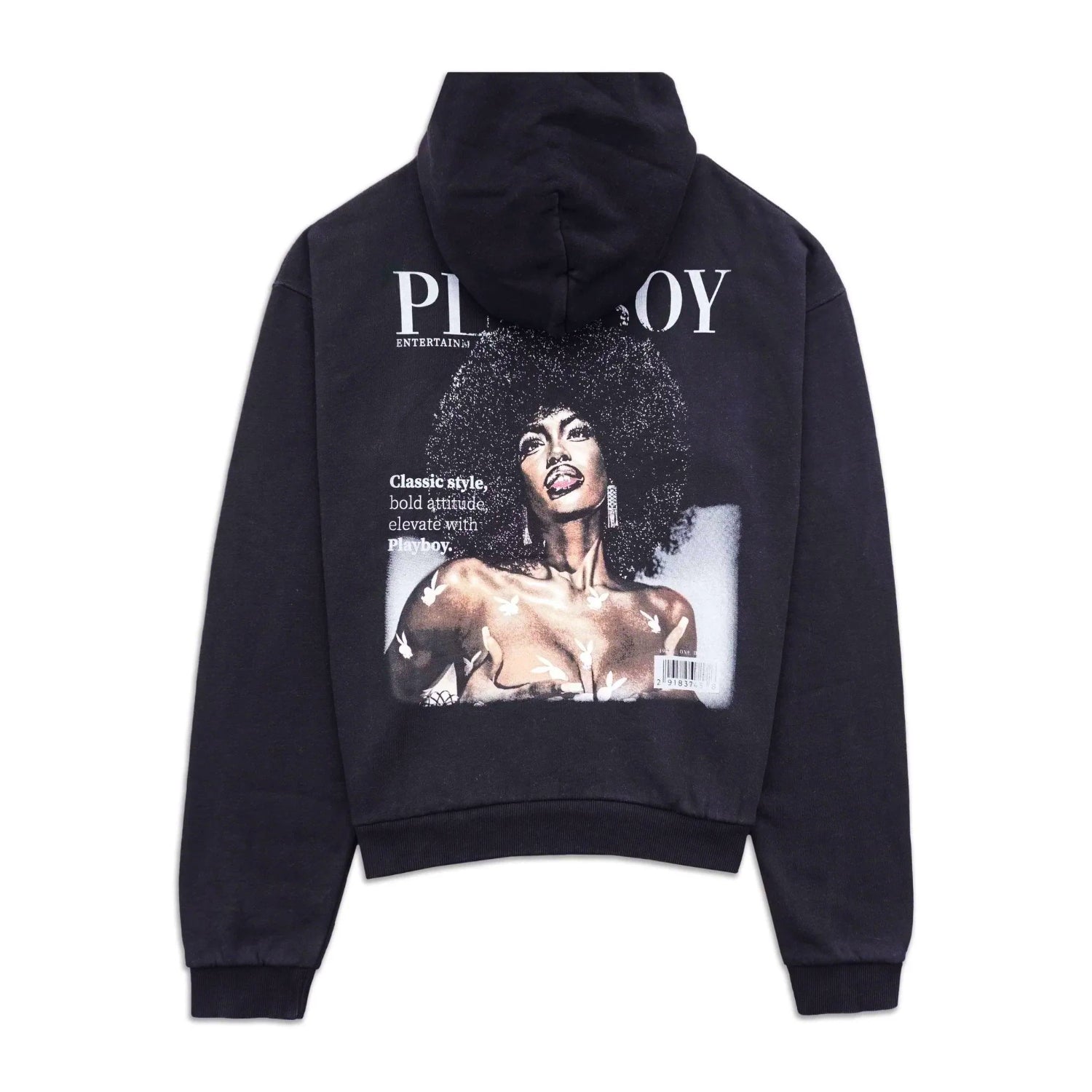 Black hoodie featuring retro magazine cover graphic and bold print on back.