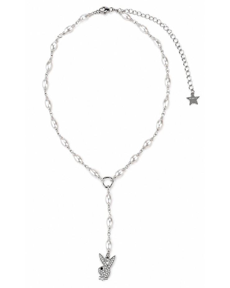 Silver chain necklace with a small pendant on a white background