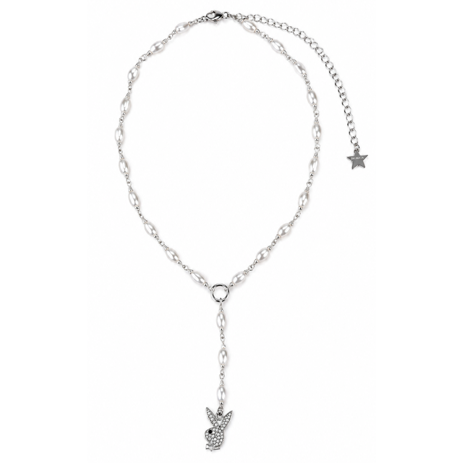 Silver chain necklace with a small pendant on a white background