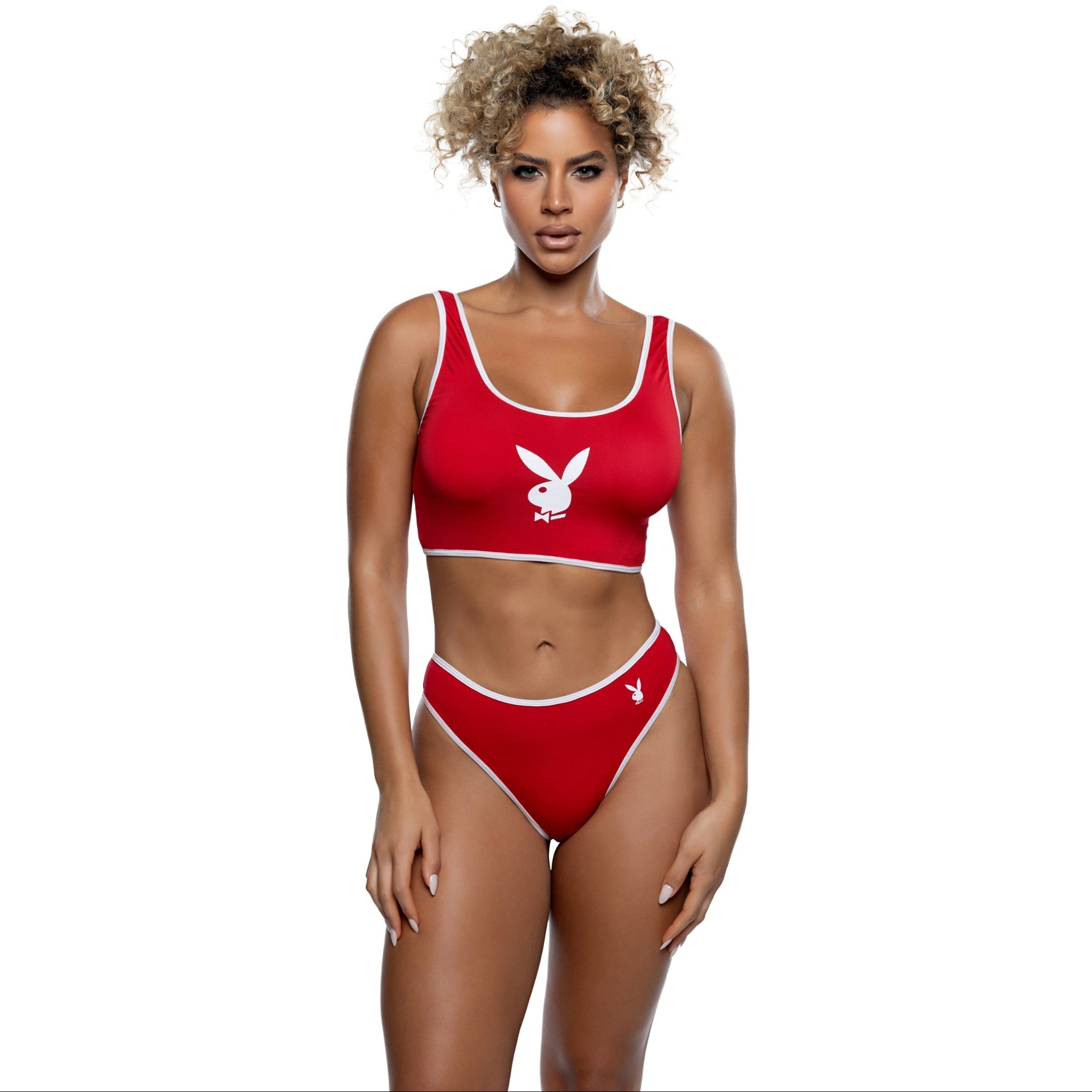 Woman wearing a red bikini with a Playboy logo on a white background