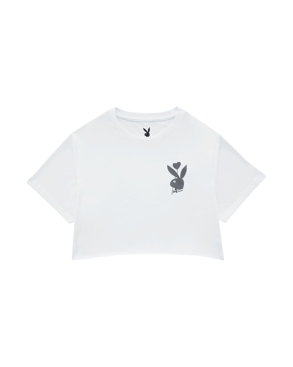 A white short-sleeve crop top t-shirt featuring a small dark gray Playboy bunny logo with a heart on the left chest and a matching bunny head logo printed inside the collar, shown against a plain white background.