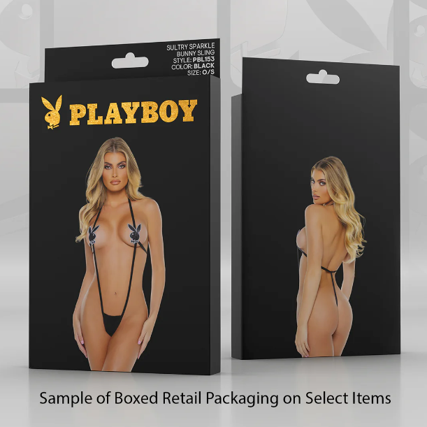 Playboy branded packaging for a sultry sparkle bunny slinger on a gray background
