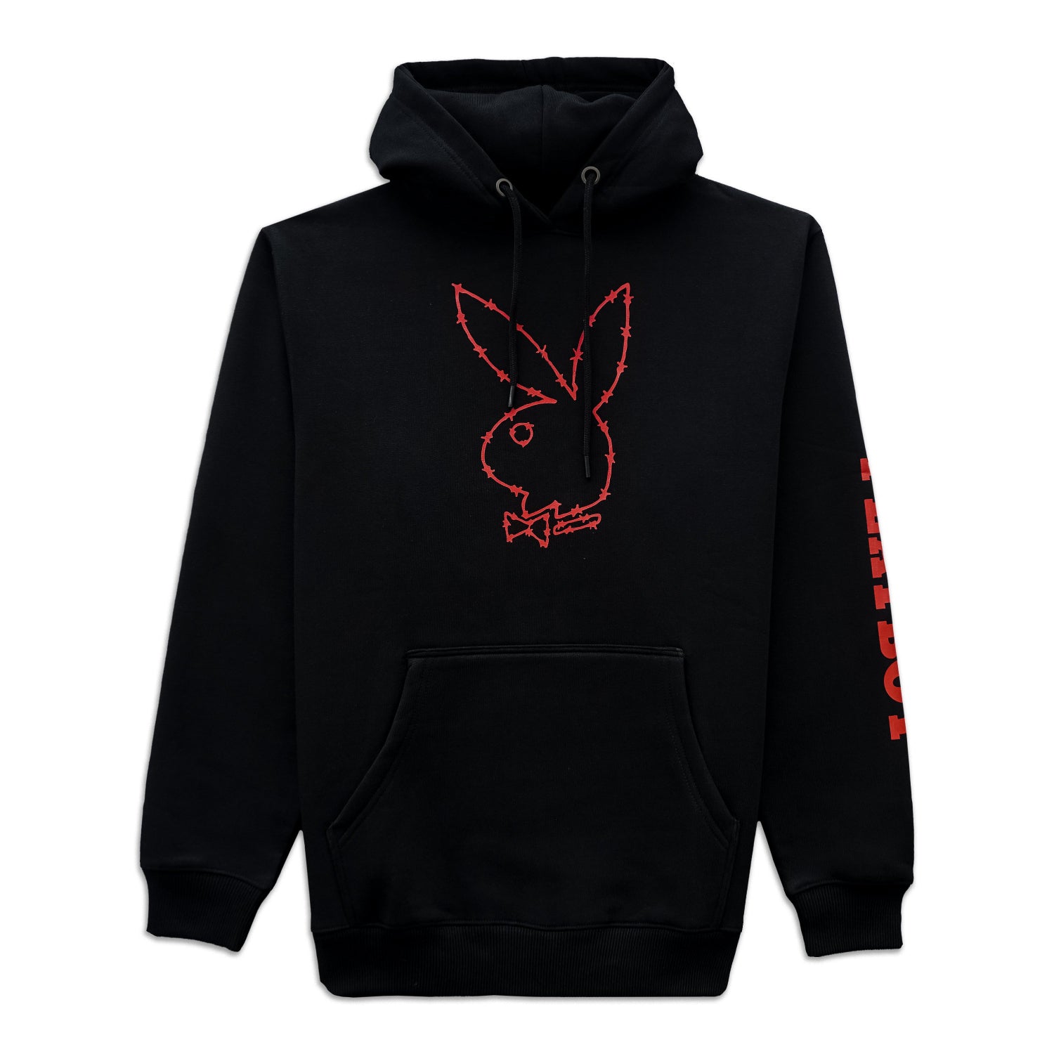 Black hoodie with red Playboy bunny logo on a white background