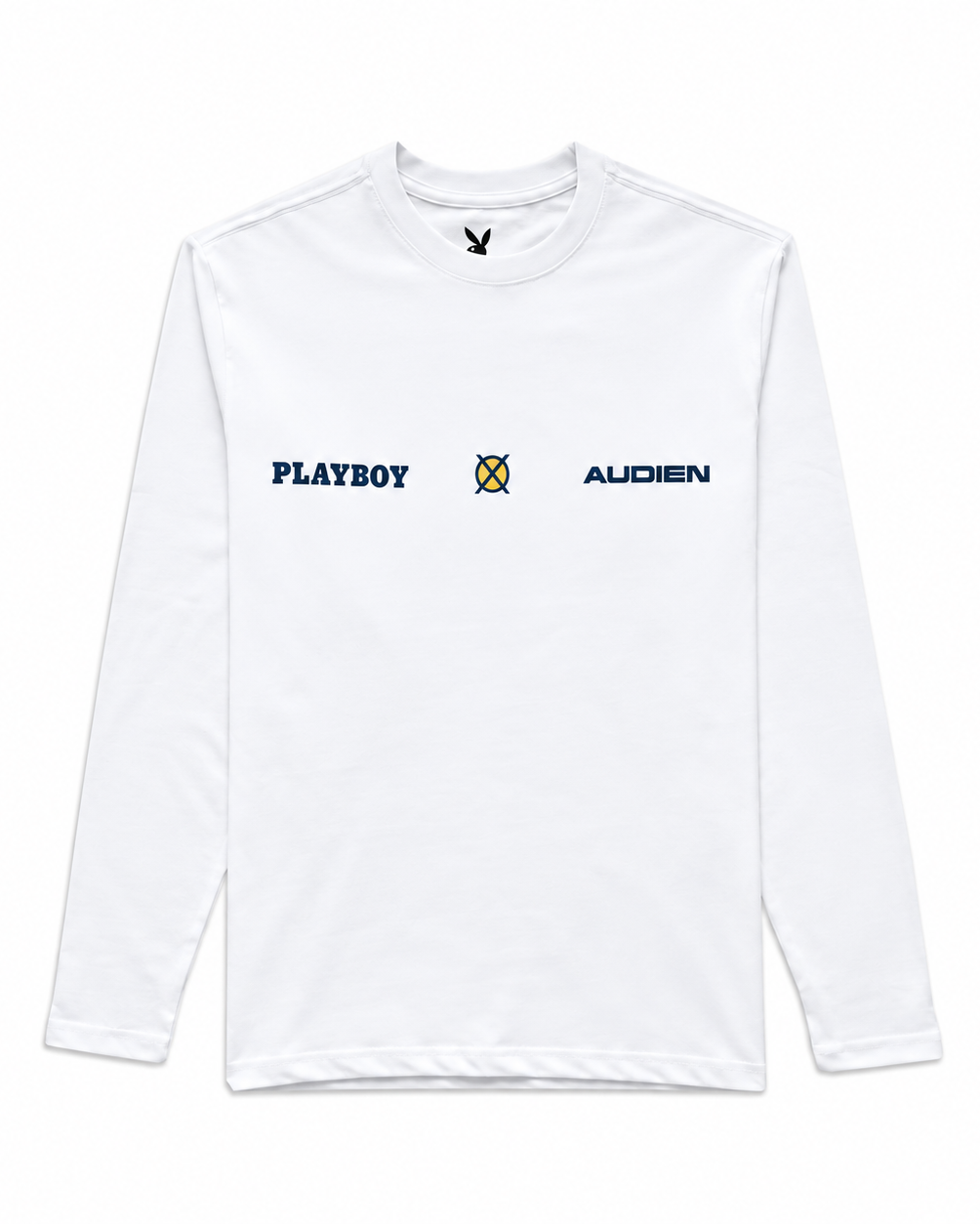 A white long-sleeve crewneck shirt featuring 'PLAYBOY' and 'AUDIEN' printed in navy blue on the chest, separated by a small yellow and navy shield logo.