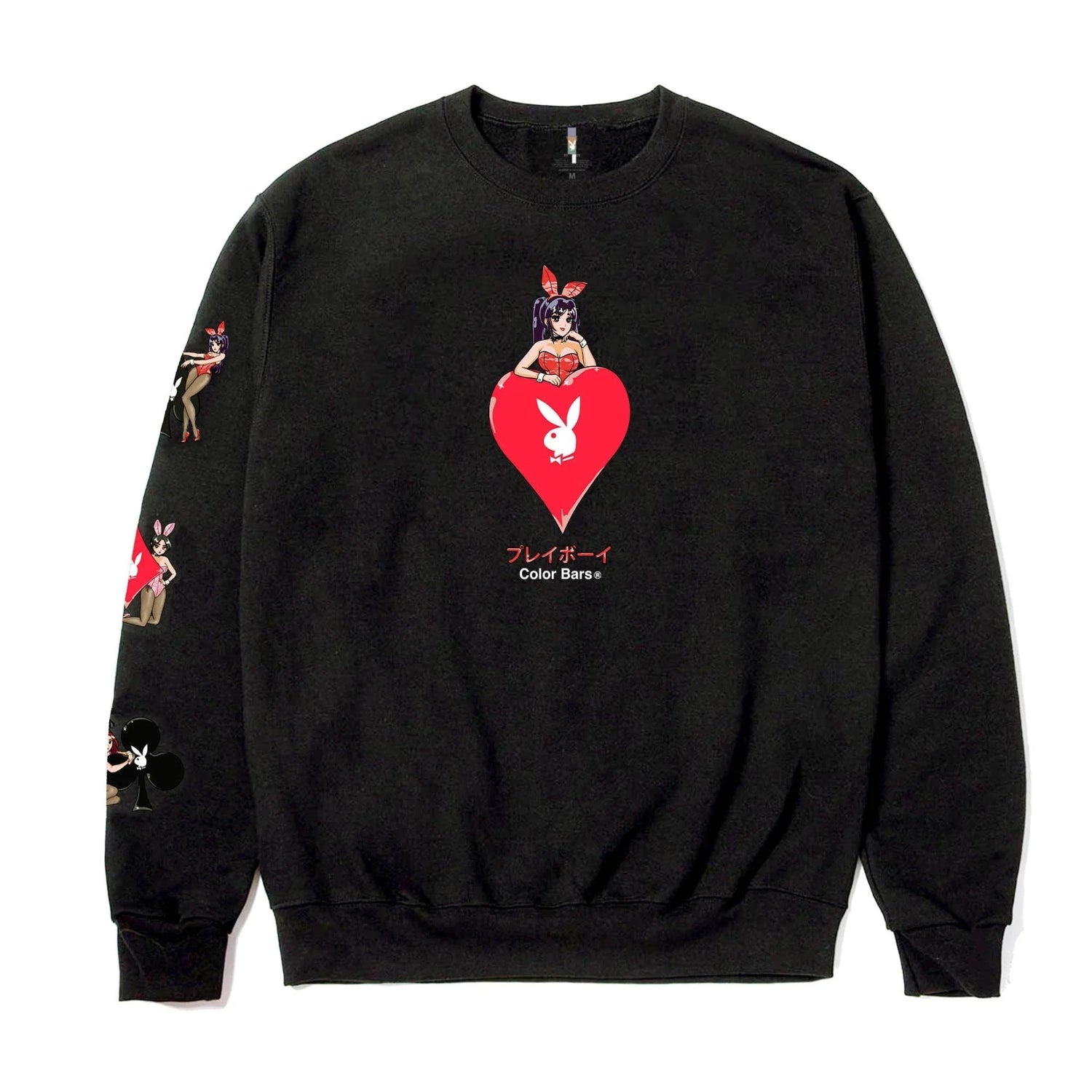 Black crewneck sweatshirt with anime bunny girl and red heart graphic, white bunny logo, and sleeve art.