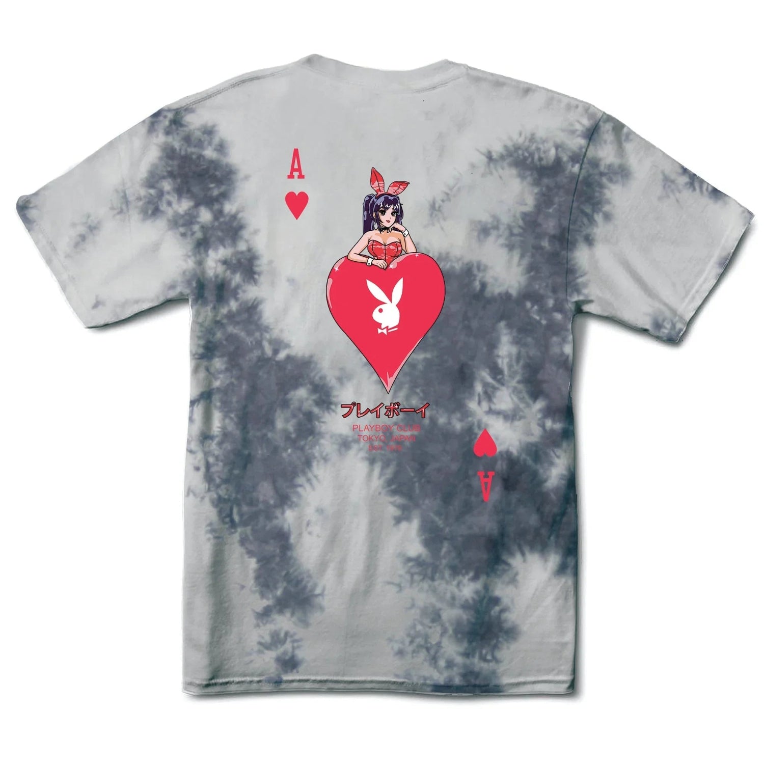 Tie-dye t-shirt with ace of hearts graphic, anime girl and red heart with bunny logo on back