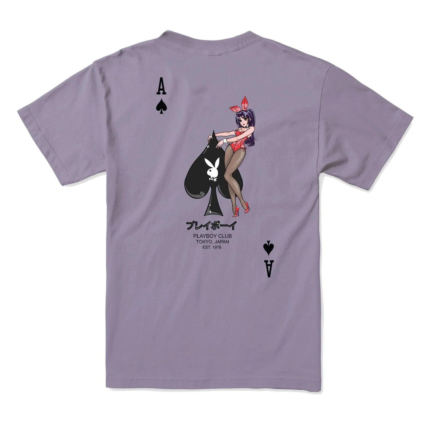 Lavender t-shirt featuring anime-style bunny girl with ace of spades and graphic print on back.