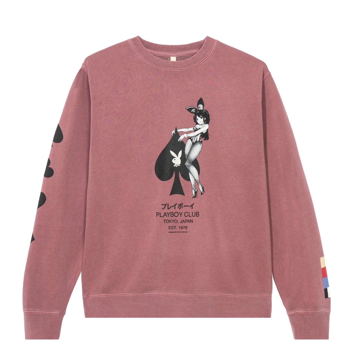 Mauve crewneck sweatshirt with anime bunny girl, ace of spades, and Tokyo Japan graphics