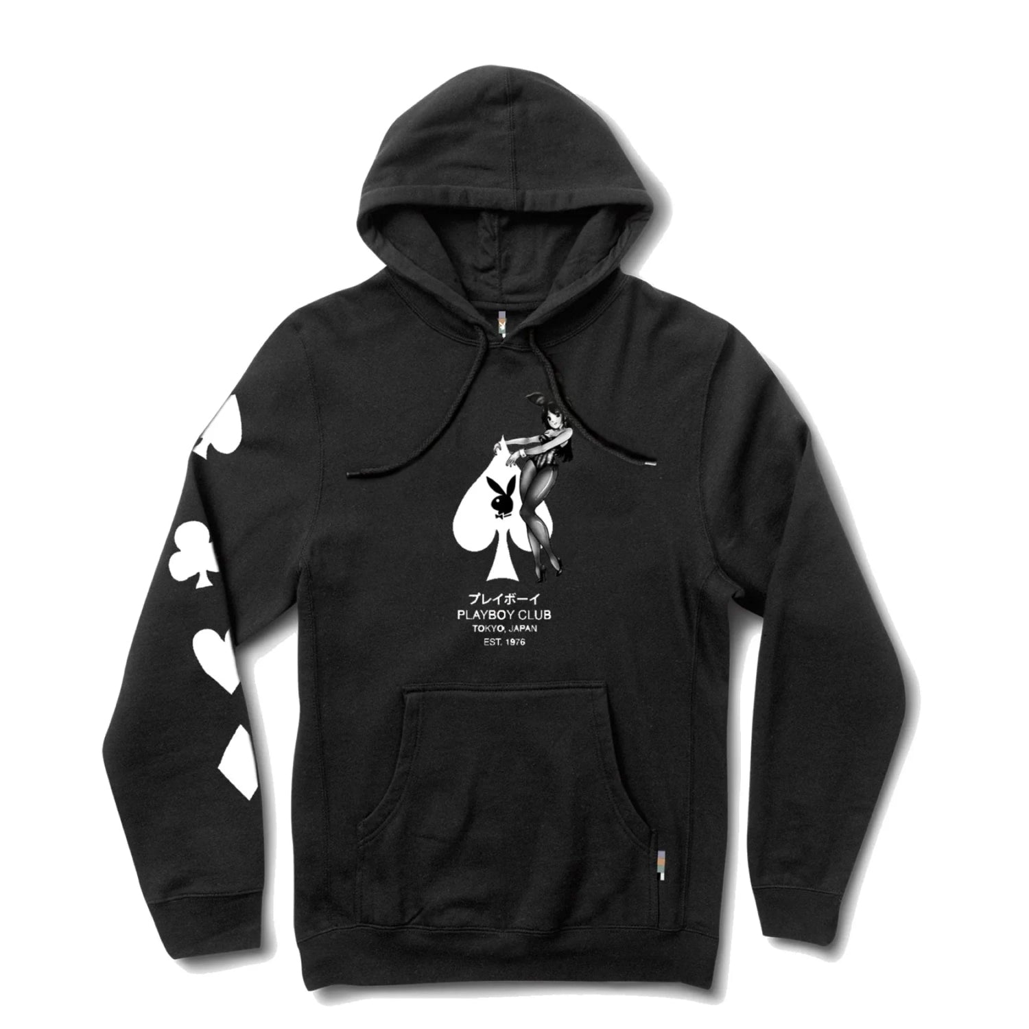 Black hoodie with ace of spades and card suit symbols, pin-up graphic on front, kangaroo pocket