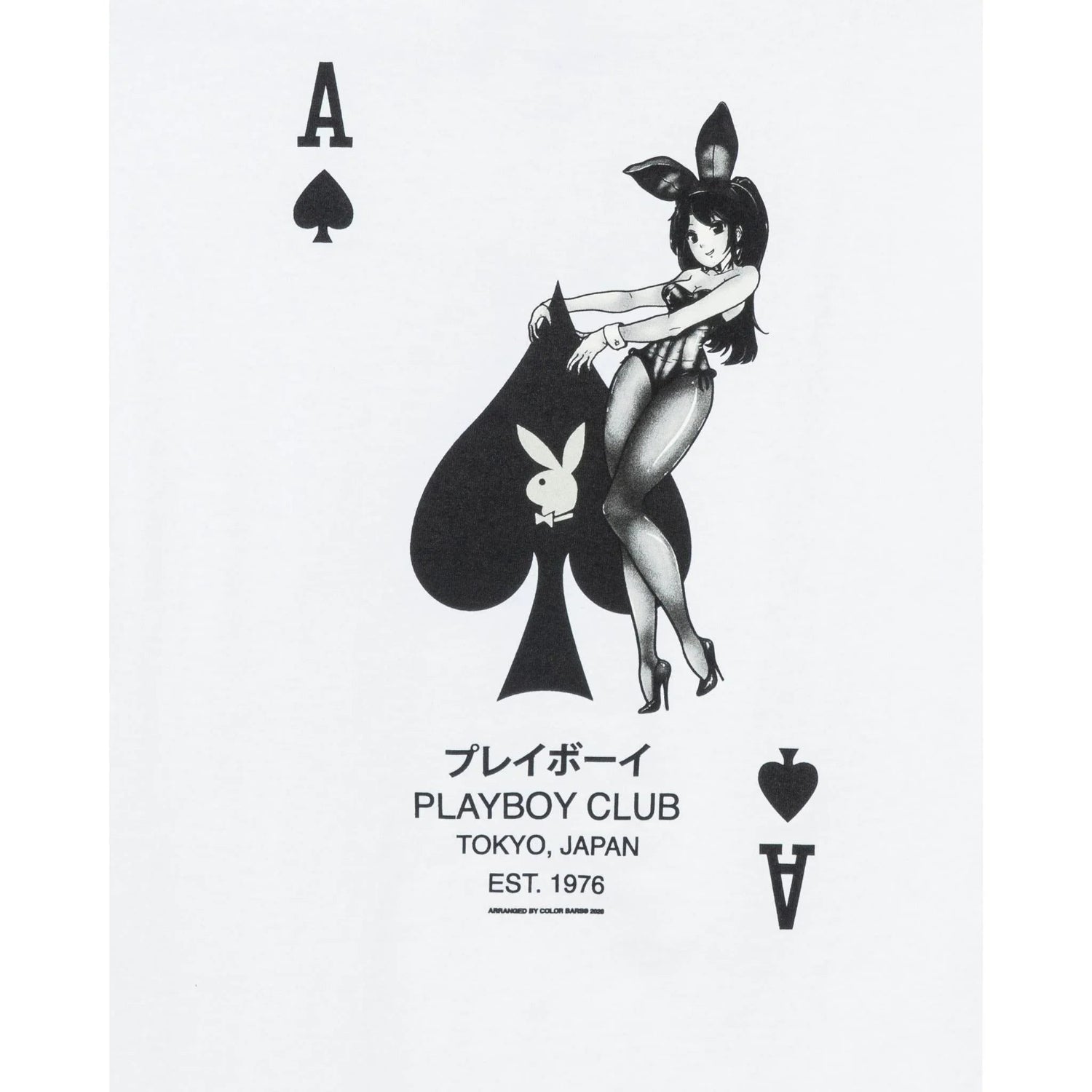 White t-shirt with ace of spades playing card design, anime-style bunny girl, Tokyo Japan text.