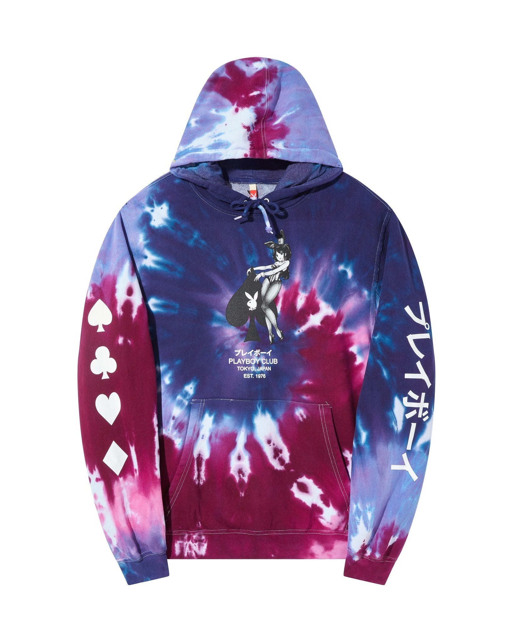 A tie-dye pullover hoodie featuring a purple, blue, and pink spiral pattern. The front has a kangaroo pocket and a graphic of a woman holding a guitar, with 'Tie-Dye' and 'Fukubukuro Edition' printed below.