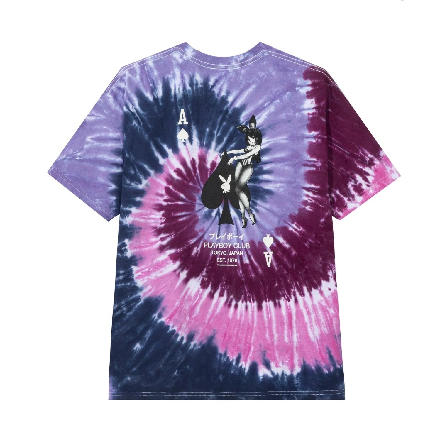 Purple and pink tie-dye t-shirt with ace of spades graphic and illustrated bunny girl on back