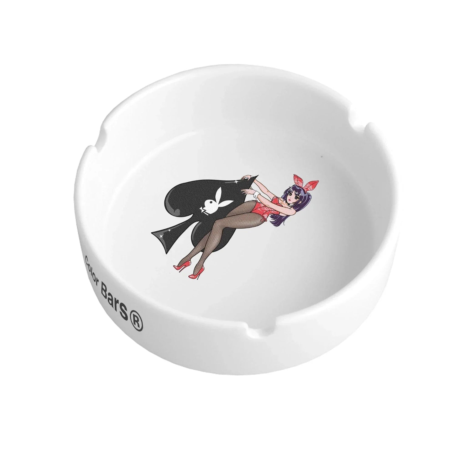 White ashtray featuring anime-style woman in bunny outfit with ace of spades design