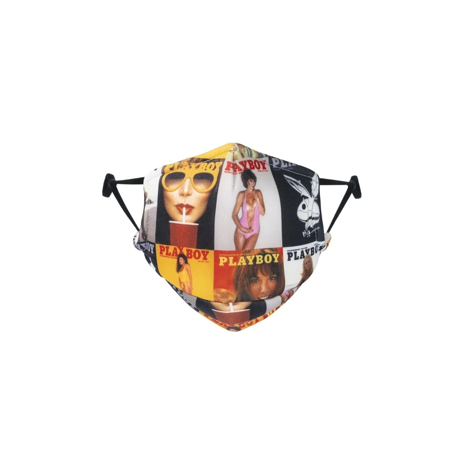 Adjustable face mask with vintage magazine collage print and black ear straps