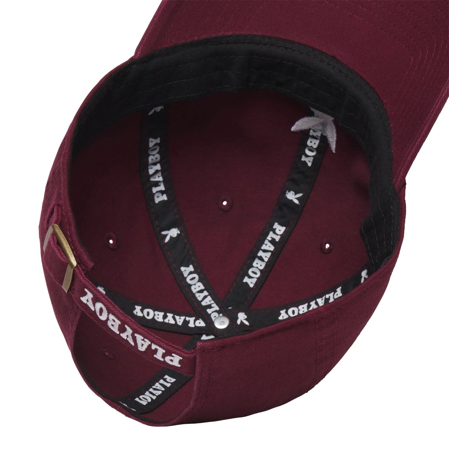 Inside view of maroon adjustable hat with black sweatband and white bunny logo text detail
